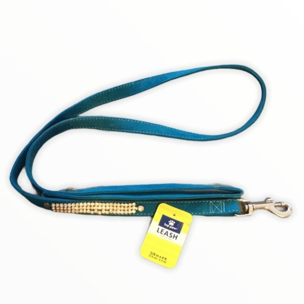 Top Paw Dog Leash Blue Velvet Bling Crystals 4ft